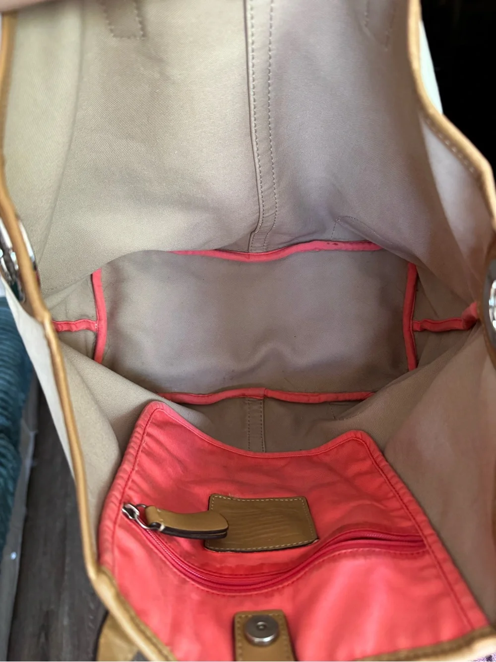 Coach Pink and Cream Canvas Stripe Tote with Tan Leather Trim